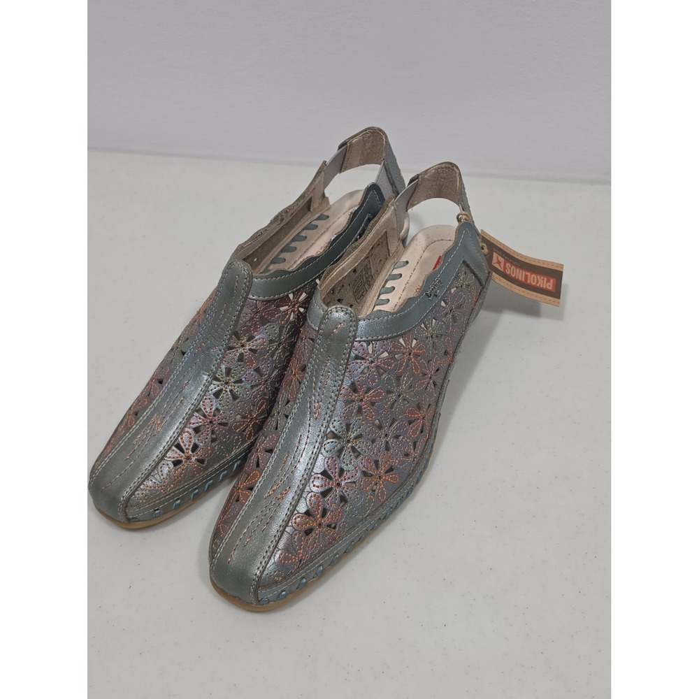 Pikolinos Romana W96 Floral Leather Wedge Sandals Metallic Blue/Orange Size 38